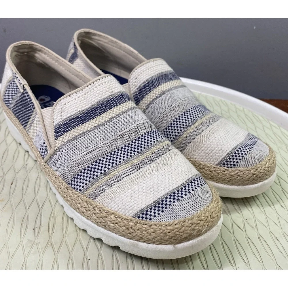 SKECHERS BOBS Women's Flexpadrille Tan/Navy Woven Textile Slip-on Casual Shoes 8